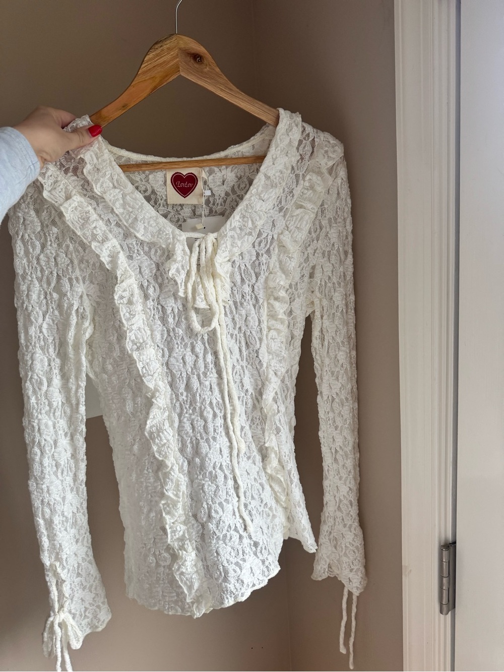 Ivory Lace Ruffle Tie-Front Blouse